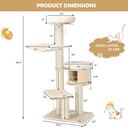 Tangkula Modern Cat Tree, Multi-Level Large Cat Tower with Condo, Hammocks & Hanging Basket, Tall Cat Tree with Sisal Posts, Washable Cushions, Wood Cat Trees and Towers for Indoor Large Cats