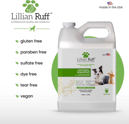Lillian Ruff PRO Formula Deodorizing Oatmeal Dog Shampoo - Calms Itching & Allergies, Ultra-Nourishing Dry Skin Relief - Oatmeal, Aloe, Coconut Oil, Lavender & Provitamin B5 - Made in USA (Gallon)