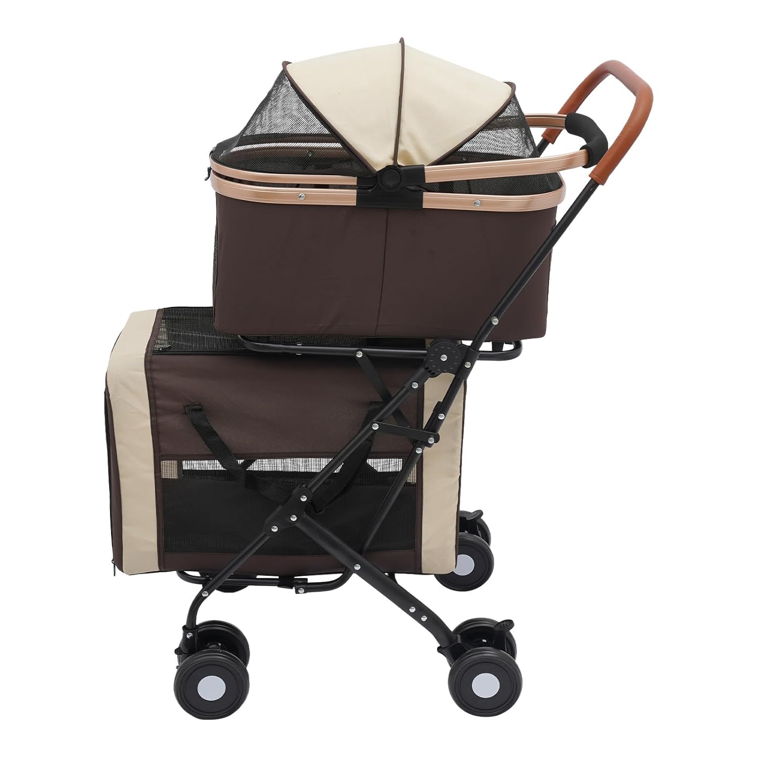 Double Pet Stroller for Dogs and Cats, Foldable Dog Stroller Travel Carriage with Detachable Carriers, Safety Belts, and 4 Lockable Wheels for Small to Medium Pets (Coffee Color) - Pawvie