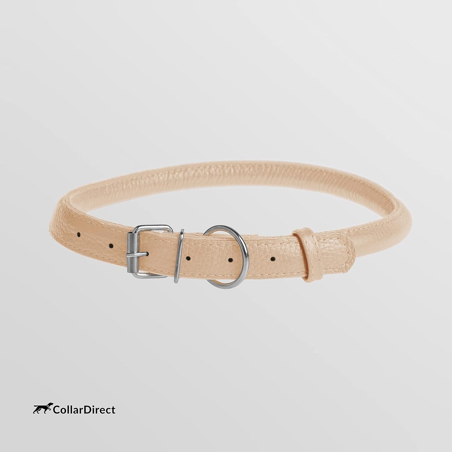 CollarDirect Rolled Leather Dog Collar, Soft Padded Round Puppy Collar, Handmade Genuine Leather Collar Dog Small Large Cat Collars 13 Colors (13-16 Inch, Beige Textured)