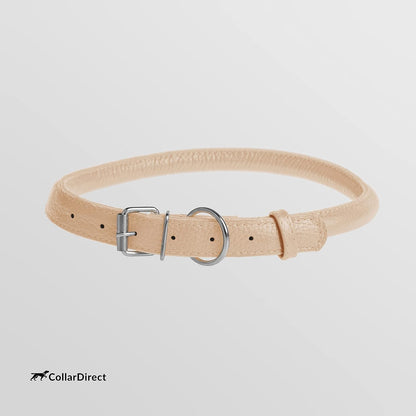 CollarDirect Rolled Leather Dog Collar, Soft Padded Round Puppy Collar, Handmade Genuine Leather Collar Dog Small Large Cat Collars 13 Colors (15-19 Inch, Beige Textured)