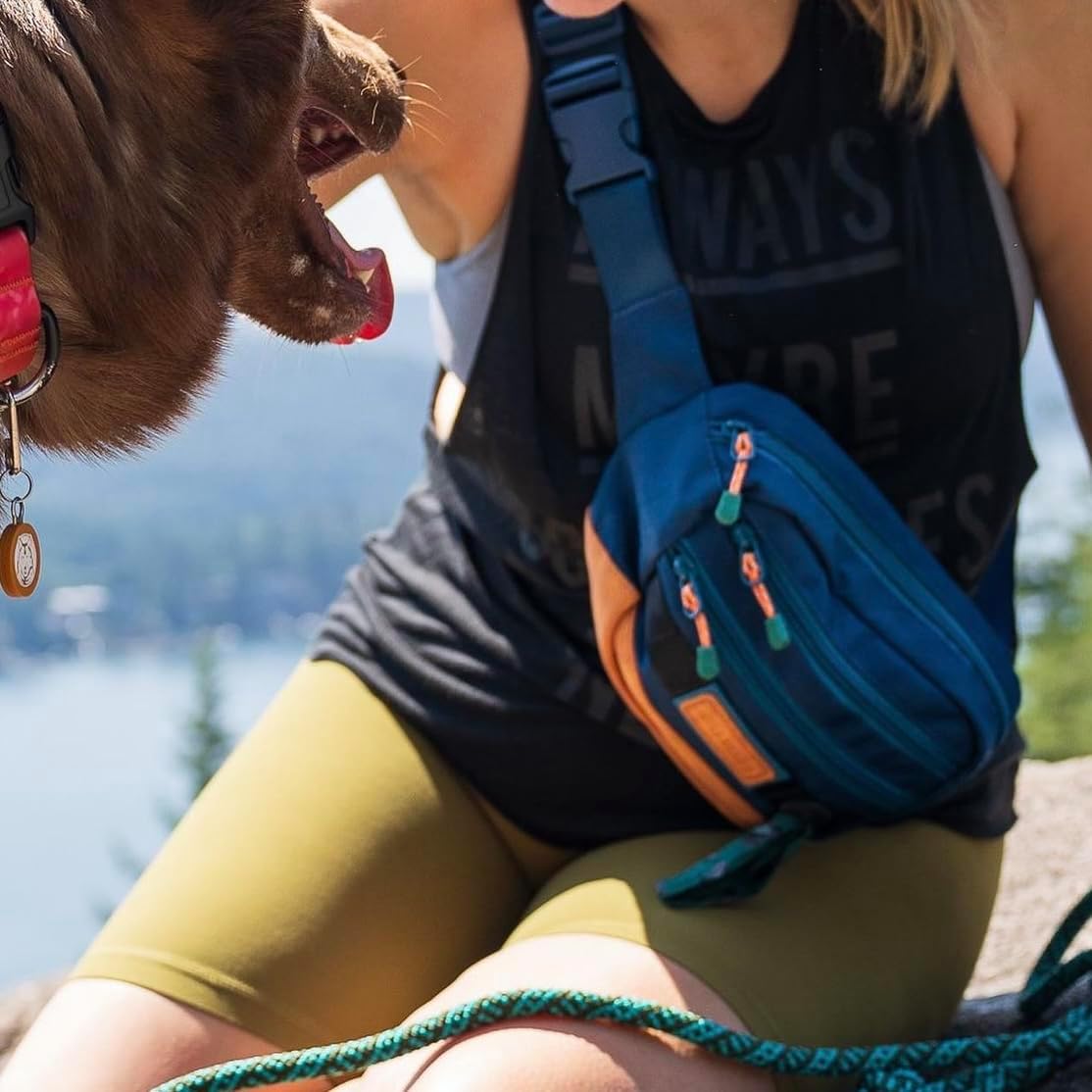 Wilderdog Utility Fanny Pack stores Treats, Balls, Keys in 3 Pockets with adjustable strap and Poop Bag dispenser (Pacific Blue) - Pawvie