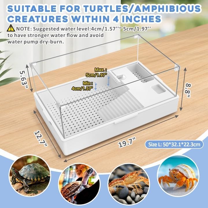 GOZILLA Large Turtle Tank Kit+Water Pump+Lamp, Acrylic Turtle Tank Starter Kit with Adjustable 5W Water Pump and Timing/Dimming Lamp, Multi-Functional Area for Small/Medium Turtles(Large-White Kit). - Pawvie