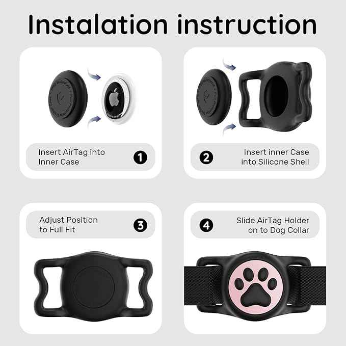 for Airtag Dog Collar Holder, Dog Airtag Holder Waterproof, Lightweight & Soft Silicone Air Tag Case for Pet Collars, Works with Multiple Tracker Tag Products (Black & Pink, 1 Pack)