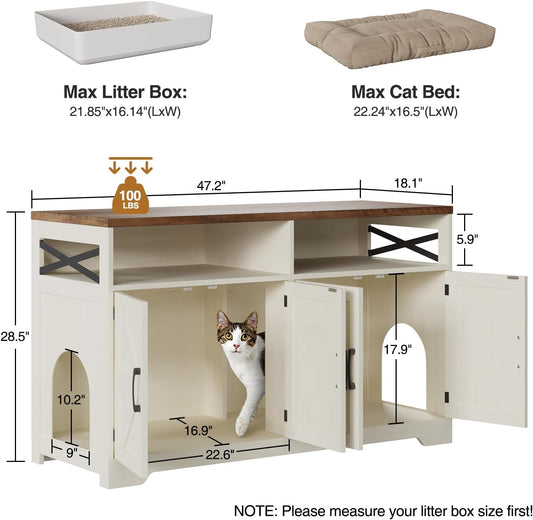 Cat Litter Box Enclosure for 2 Cats, 47" Hidden Litter Box Furniture Cat Washroom with Double Large Room, Farmhouse Indoor Litter Box Cabinet TV Stand, White