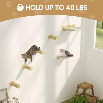 MeowHomm Cat Wall Shelves, Wooden Cat Wall Furniture Includes 4 Scratching Post Steps, Jumping Platform, Hammock for Kittens