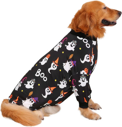 HDE Dog Pajamas One Piece Jammies Jumpsuit Pet Clothes Outfit Stretchy Lightweight Comfy Shirt Pjs for M-3XL Dogs Cute Ghosts - L