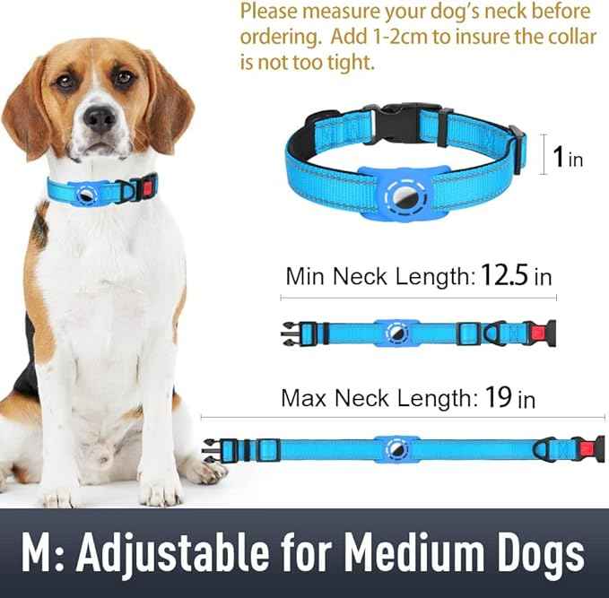 AirTag Dog Collar with AirTag Holder Compatible for Air Tag, Reflective Soft Padded, Safety Locking Buckle, Adjustable Nylon for Small Medium Large Dogs (SkyBlue,M)