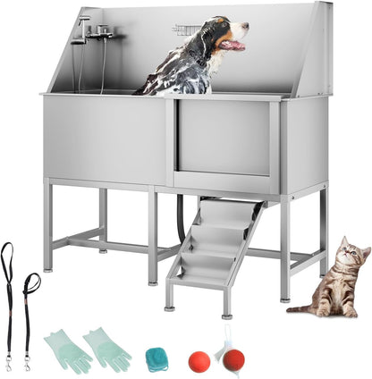 50" Pet Dog Bathing Station, Stainless Steel Dog Bathtub W/Ramp, Floor Grate, Dog Bath Brush, Washing Gloves for Home, Professional Dog Washing Station for Pets (50 Inch Right Door)