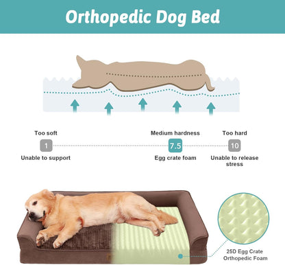 Orthopedic Dog Bed for Large Dog, Pet Couch for Medium Dog Cat, Big Supportive Foam Bolster Sofa with Waterproof Lining Cover, Anti-Slip, Comfort, Washable, 36x27x7.5 in, U Shape, Brown
