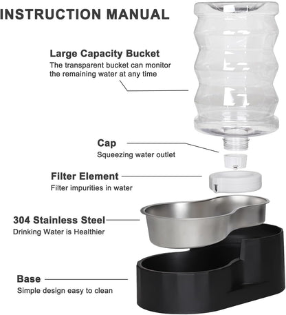 Sfozstra Dog Water Bowl Dispenser: 6L Lagre Stainless Steel - BPA-Free - Automatic Black Gravity Pet Water Dispenser for Busy Owners