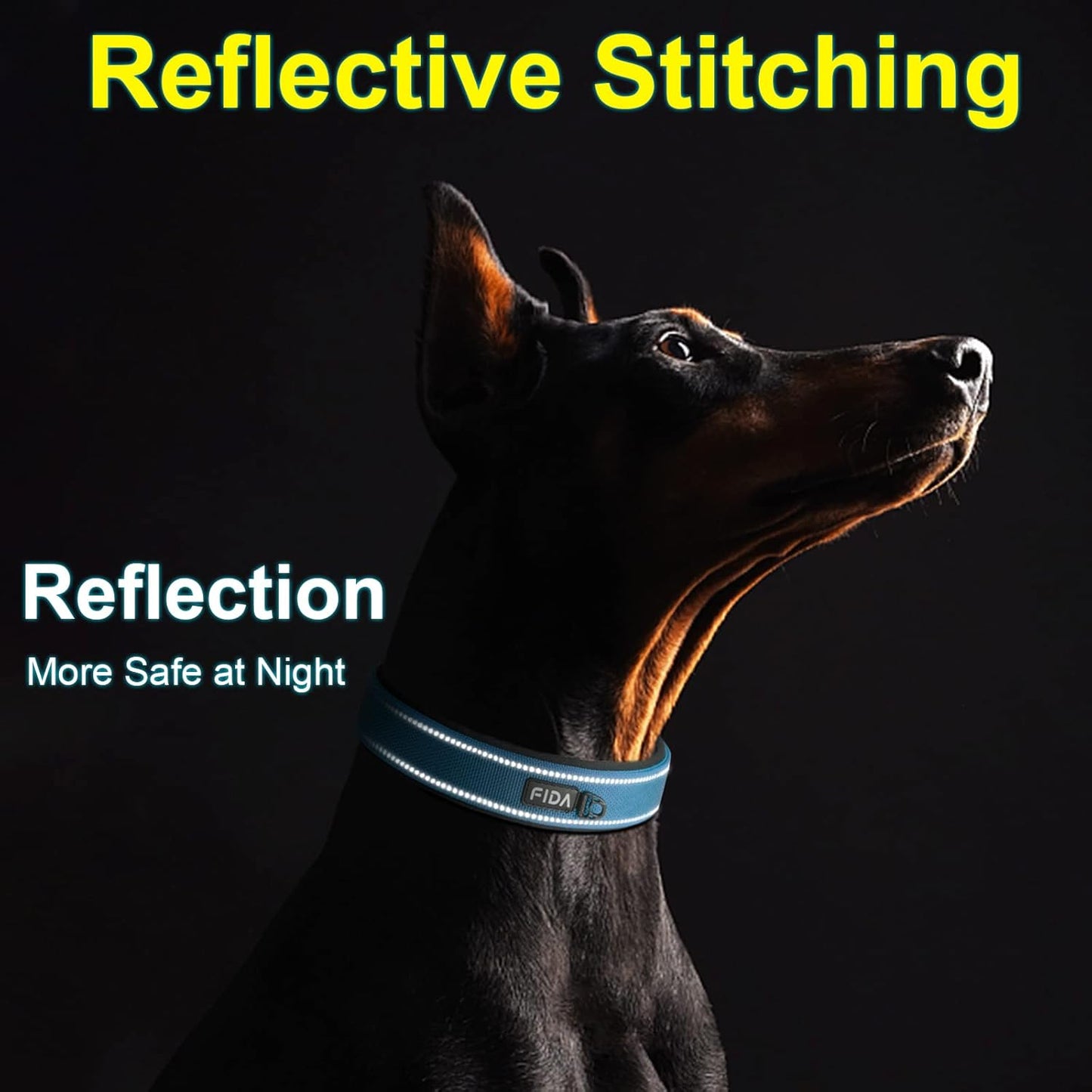 Fida Heavy Duty Dog Collar, Ultra Comfortable Soft Neoprene Padded, Adjustable Reflective Nylon Pet Collar with Durable Metal Belt Buckle for Large Breeds (L, Blue)