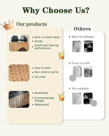 Cat House for Indoor Cat, Large Double Cat Houses Cat Bed Cave, Handwoven Rattan Pet Beds with One Soft Pad, 17 x 17 x 17 Inches Foldable Kitten Hideaway in Living Room Natural