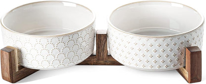 Dog Bowls Ceramic for Small Medium Dogs - 3-Cup Dual Food & Water Bowl Set with Acacia Wood Stand, Non-Slip Anti-Tip Elevated Design
