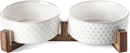 Dog Bowls Ceramic for Small Medium Dogs - 3-Cup Dual Food & Water Bowl Set with Acacia Wood Stand, Non-Slip Anti-Tip Elevated Design
