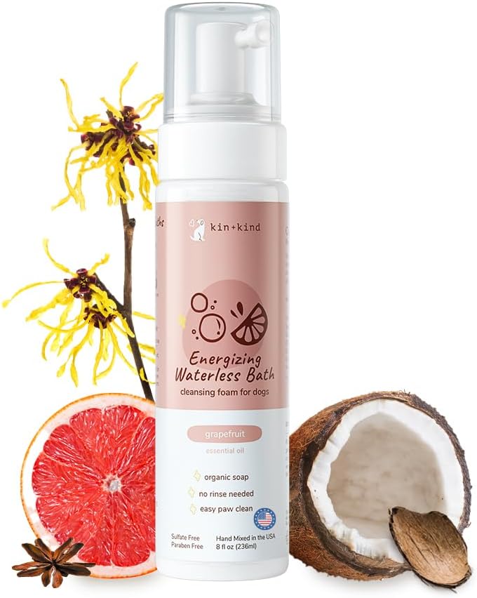 kin+kind Waterless Dry Shampoo for Dogs - Rinse-Free, Eliminate Itch and Odor, Natural Formula with Witch Hazel, Coconut Oil, Olive Oil and Grapefruit - Made in USA