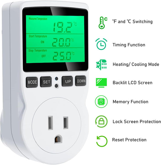 KABASI Digital Temperature Controller, Backlit LCD Screen Thermostat Heating Cooling Outlet Plug with Sensor Timer for Reptile Incubator Greenhouse Brewing Refrigerator 110V, 15A, ℉/℃