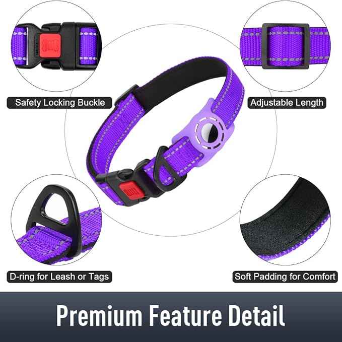 AirTag Dog Collar with AirTag Holder Compatible for Air Tag, Reflective Soft Padded, Safety Locking Buckle, Adjustable Nylon for Small Medium Large Dogs (Purple,S)
