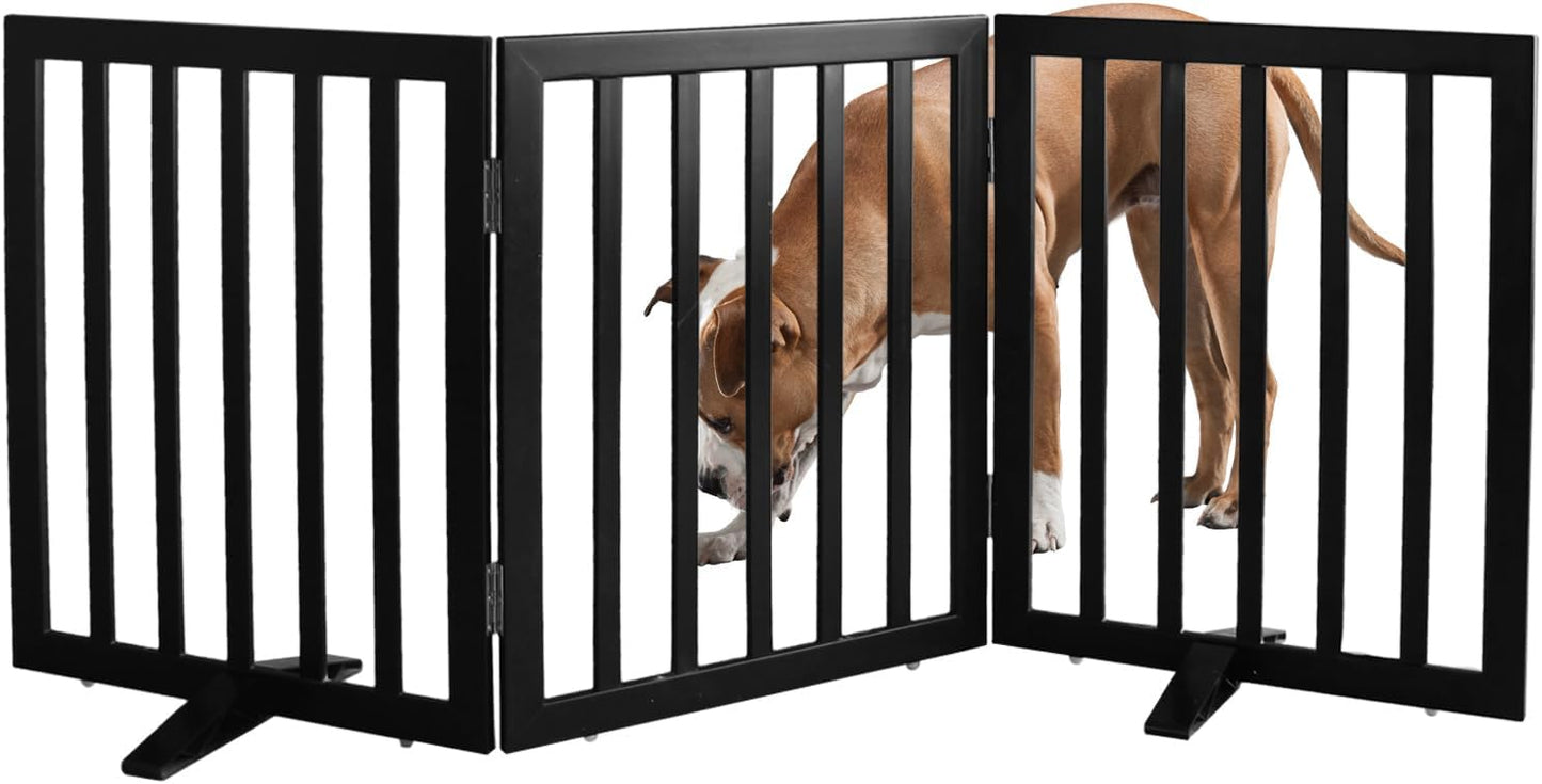ZJSF Freestanding Indoor Dog Gate for House Foldable Wood Puppy Gate for Doorways Pet Gate for Stairs Extra Wide Pet Fence, Black, 24" Height 3 Panels