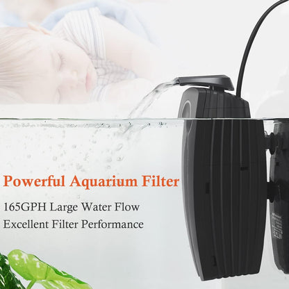 FEDOUR 165GPH Aquarium Filter U-V, 8W Adjustable Fish Tank Filter, U-V Submersible Internal Filter for 10-50 Gallon Tank, with Biochemical Cotton
