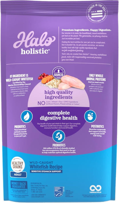 Halo Holistic Cat Food Wild Caught Salmon & Whitefish Formula, Healthy Grains Dry Cat Food, For Sensitive Stomach Support, Kibble for Adult Cats, 3 lb Bag