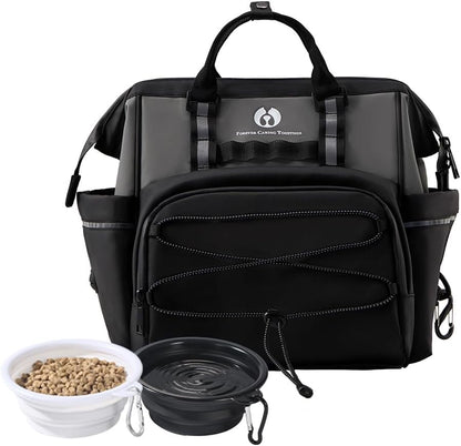 Dog Travel Bag, Airline Approved Pet Supplies Backpack, Dog Travel Backpack Accessories Set with 2 Silicone Collapsible Bowls and 1 Leash Clip for Camping, Road Trips & Weekends Away（Black） - Pawvie