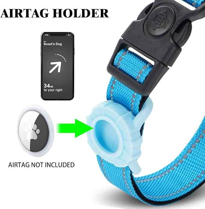 JSXD AirTag Dog Collar, Night Reflective Nylon Dog Collar for Small Medium Large Dogs,Lockable Quick Release Buckle,Padded Breathable Pet Collar with AirTag Holder (Blue, Medium)