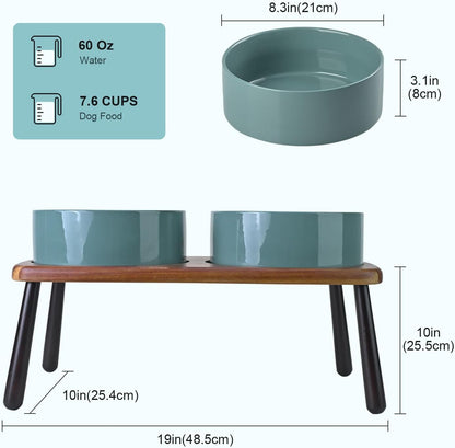 SPUNKYJUNKY Ceramic Elevated Dog Bowls Raised with Acacia Bamboo Wooden Stand, 8.3'' Dog Food Water Bowls Set Non-Slip for Medium Large Sized Breed Microwave Dishwasher Safe - 60 OZ,Dark Green