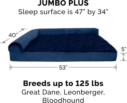 Furhaven Cooling Gel Dog Bed for Large Dogs w/ Removable Bolsters & Washable Cover, For Dogs Up to 125 lbs - Plush & Velvet L Shaped Chaise - Deep Sapphire, Jumbo Plus/XXL