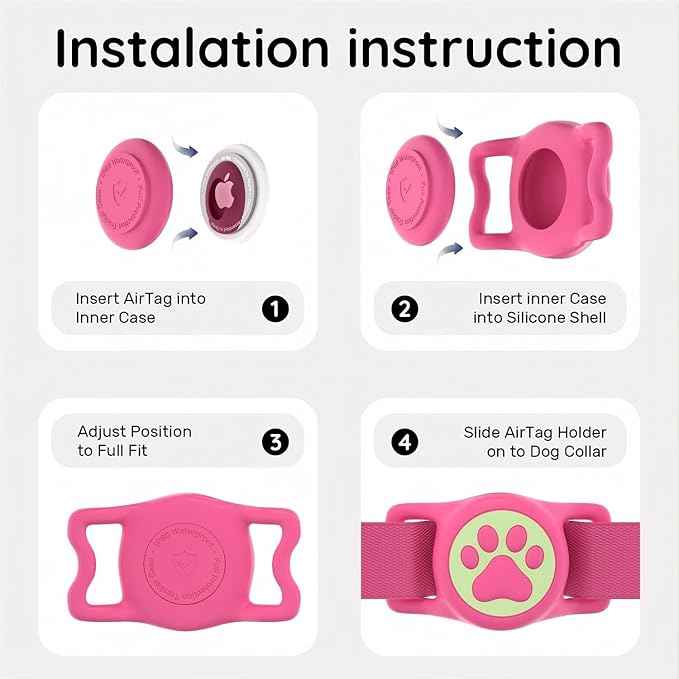 2-Pack Waterproof Dog Collar Airtag Holder,Stretchy Silicone Full Body Covered tag Holder for Dog Cat Collars (Pink/Rosered Luminous)