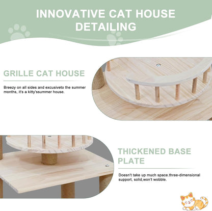 Wood Cat Tree 17” x 16”x 53” Modern Sturdy Cat Tower with Double Condos Hand-Woven Beds & Toys Multilevel Huge Paws Pals Tree Indoor Cat Furniture for Big Cats