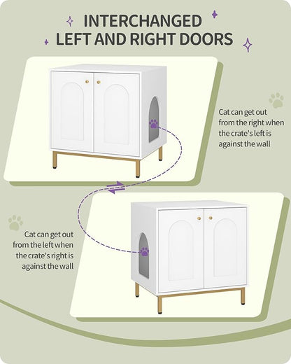 Cat Litter Box Enclosure, Hidden Litter Box Furniture Cabinet, Wooden Indoor Cat House, Side End Table, Living Room, Bedroom, White and Gold CB81203G