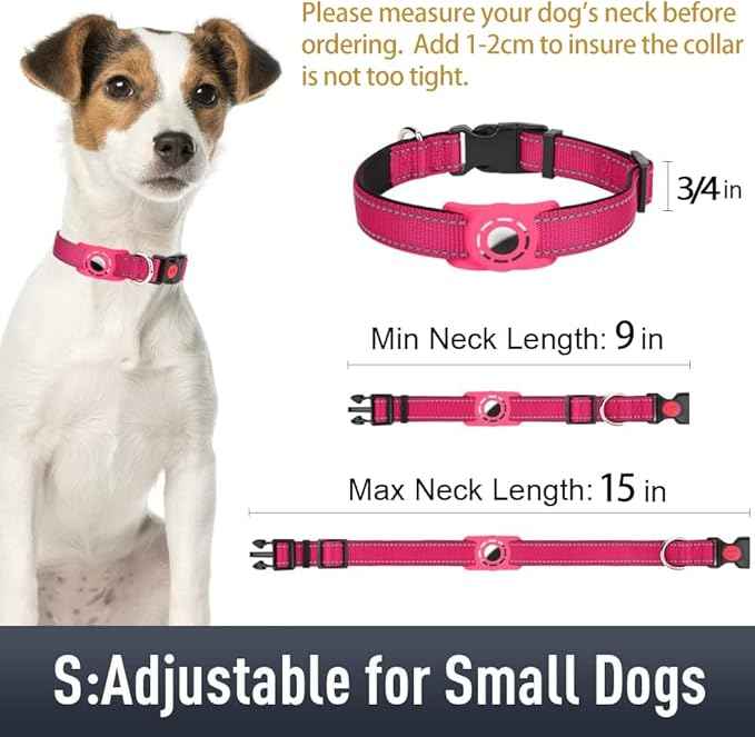 AirTag Dog Collar with AirTag Holder Compatible for Air Tag, Reflective Soft Padded, Safety Locking Buckle, Adjustable Nylon for Small Medium Large Dogs (Hotpink,S)