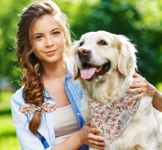 E-Clover Dog Bandanas & Matching Scrunchie Set Cute Flower Dog Scarf Bibs Girl Pet Bandana with Bow Tie for Medium Large Dogs Owner Mom Spring
