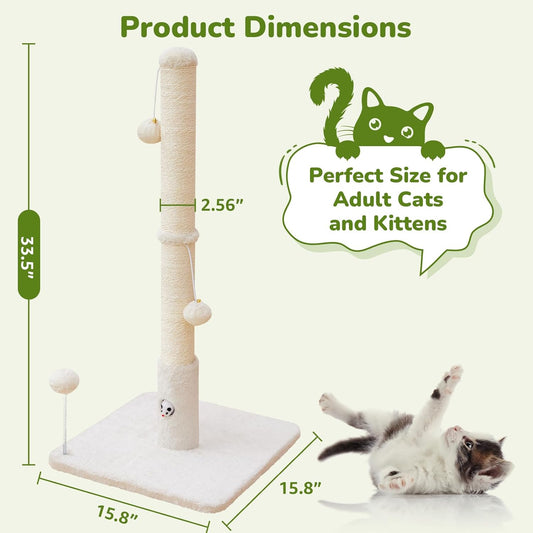 Cat Scratching Posts 33" for Adults Cats, Cat Scratcher with Soft Fabric Covering Base and Durable Sisal Rope, Scratcher with Fun Mouse Hole and Cat Toy for Tall Cats (White)