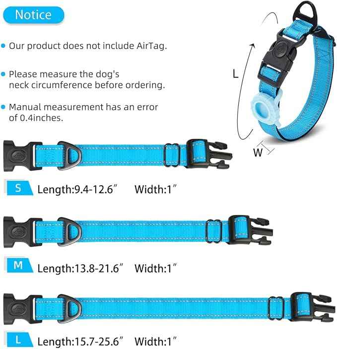 JSXD AirTag Dog Collar, Night Reflective Nylon Dog Collar for Small Medium Large Dogs,Lockable Quick Release Buckle,Padded Breathable Pet Collar with AirTag Holder (Blue, Medium)