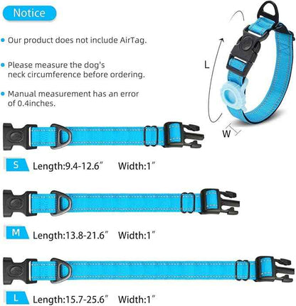 JSXD AirTag Dog Collar, Night Reflective Nylon Dog Collar for Small Medium Large Dogs,Lockable Quick Release Buckle,Padded Breathable Pet Collar with AirTag Holder (Blue, Medium)