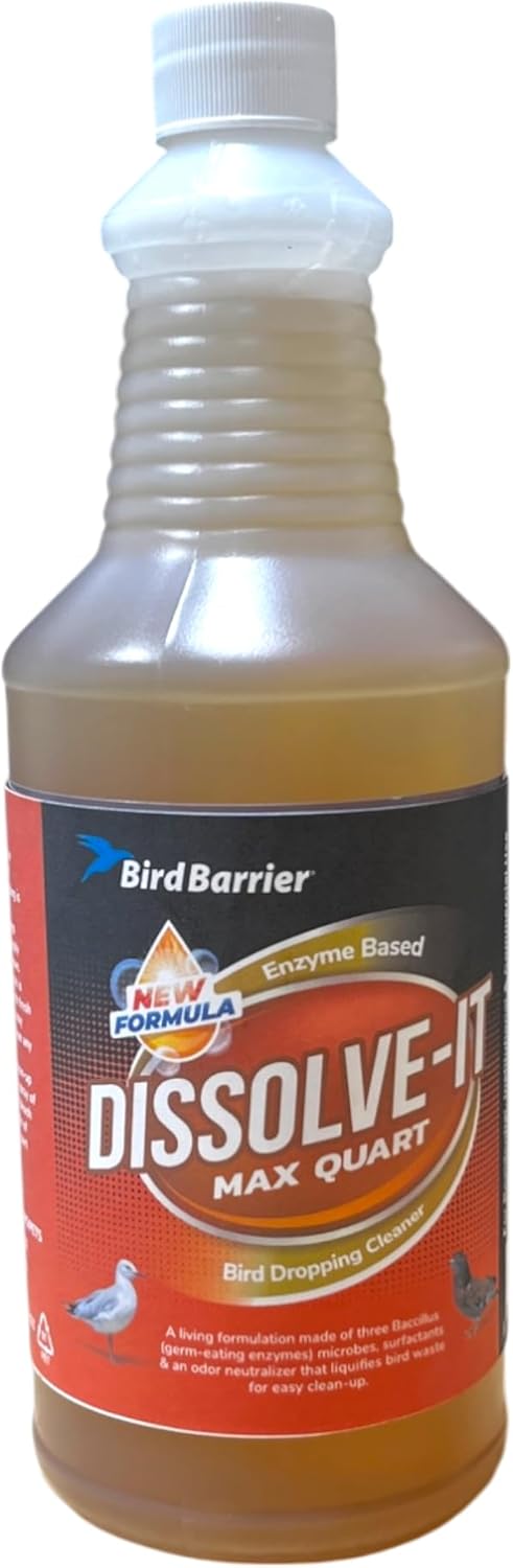 Bird Barrier Dissolve-It Max Enzyme Cleaner - Mix with Water – Bird Dropping Cleaner - Dissolves Waste – Treat Affected Areas Before Installing Bird Control Products - Bird Cage Cleaner - 1 Quart