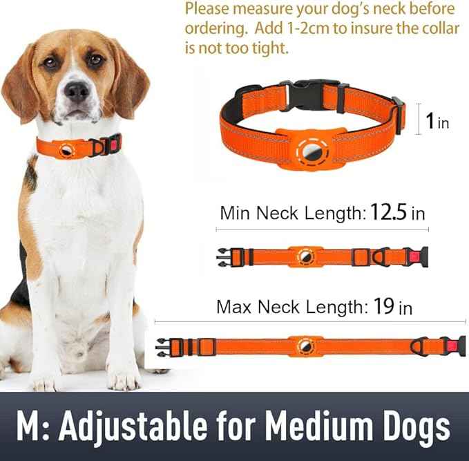 AirTag Dog Collar with AirTag Holder Compatible for Air Tag, Reflective Soft Padded, Safety Locking Buckle, Adjustable Nylon for Small Medium Large Dogs (Orange,M)