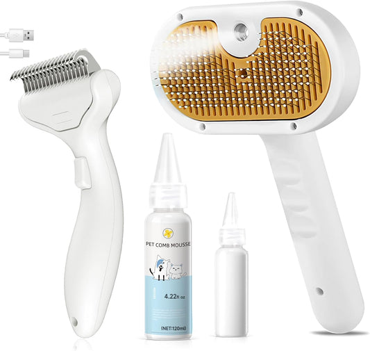 3-in-1 Pet Steam Brush Set for Dogs & Cats, Grooming Comb with Spray, Defur Tool, Water-Assisted Hair Removal, Spritz Brush, Multi-Purpose Kit, Undercoat Rake, Deshedding Brushes, Dematting Brush.