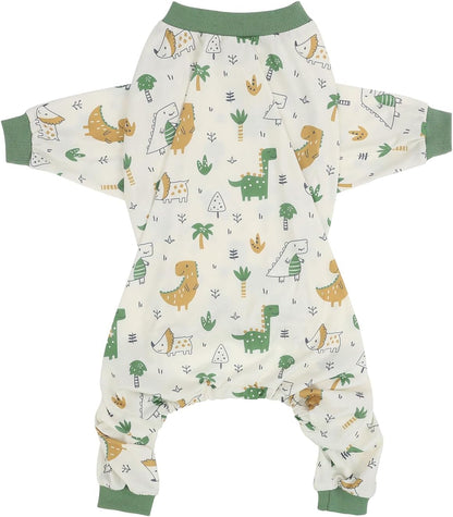 HDE Dog Pajamas One Piece Jammies Jumpsuit Pet Clothes Outfit Stretchy Lightweight Comfy Shirt Pjs for M-3XL Dogs Forest Dinos - L
