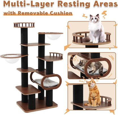70.9'' Black Cat Tree for Indoor Cats Large Adult, Heavy Duty Cat Tower with Scratching Post, Modern Kitty Tree with Removable Mats, Semi-closed Condo and Transparent Bowl, Wooden Luxury Cat Furniture