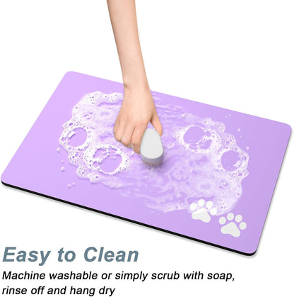 Rnivvi Dog Food Mat, 12" x 19" Footprint Absorbent Dog Cat Bowl Mat for Food and Water, Cute Anti-Slip Rubber Pet Feeding Rug Protect Floors, Puppy Placemat for Feeding & Watering Supplies, Purple