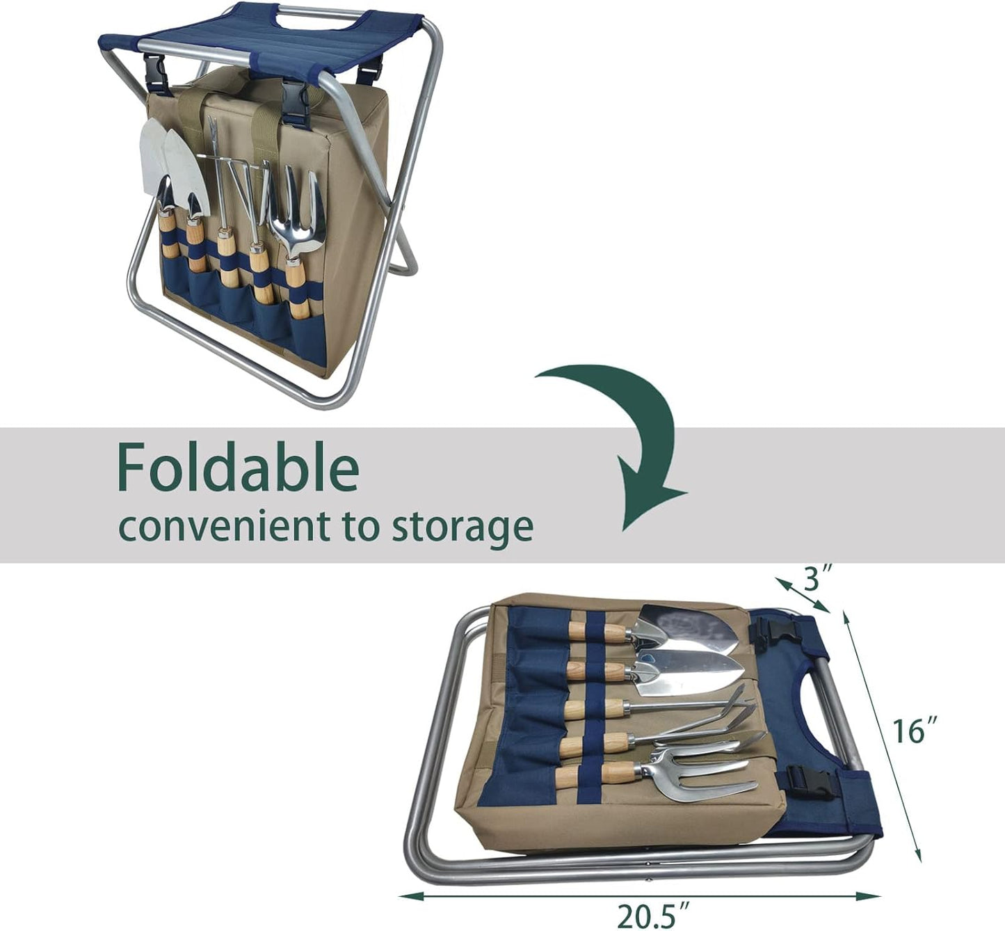 Garden Folding Gardener Stool with Gardening Tools Insulation Garden Bags Plus 5 Garden Tools and Gardening Kneeler Ideal Gift for Mother's Day/Father's Day (Navy Blue)