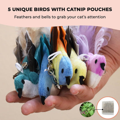 Interactive Catnip Bird Toy Set, Interactive Cat Toys for Indoor Cats, Cat Feather Toy, Self-Holding Suction Base, 5 Birds, Catnip Pouches, Feathers & Bells, Realistic Bird Impression