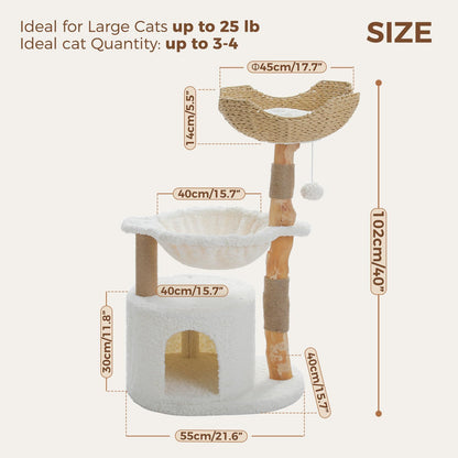 PAWZ Road Modern Cat Tree with Natural Solid Wood Scratching Post, 40 Inches Cat Tower with Spacious Wicker Basket,Large Hammock,Luxury Condo for Indoor Cats