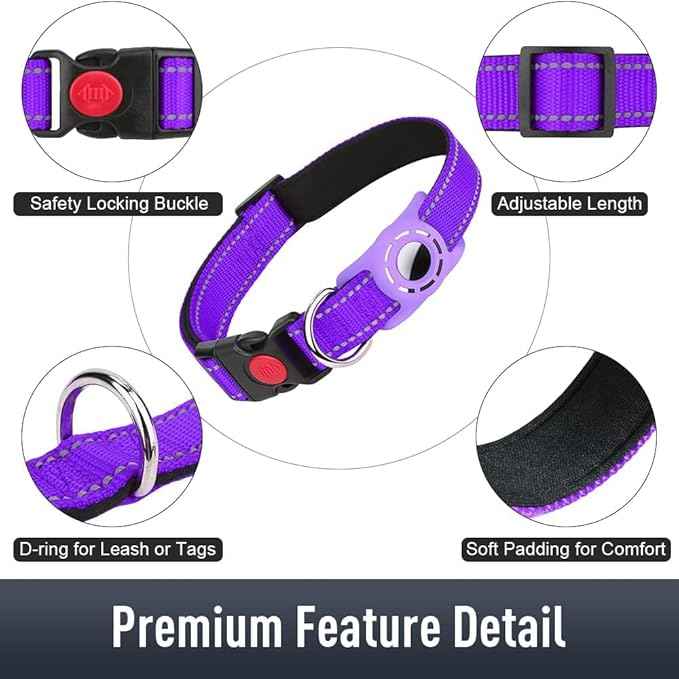 AirTag Dog Collar with AirTag Holder Compatible for Air Tag, Reflective Soft Padded, Safety Locking Buckle, Adjustable Nylon for Small Medium Large Dogs (Purple,XL)