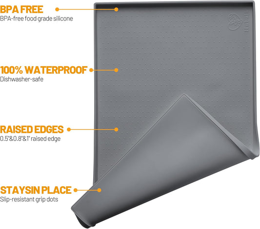Hubulk Dog Feeding Mat,100% Waterproof Food Grade Silicone Pet Food and Water Bowl Placemat,Dishwasher, High Raised Edge to Prevent Spills,Nonslip Tray to Stop Messes on Floor(28"x18"x0.8", Grey)