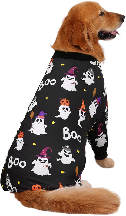 HDE Dog Pajamas One Piece Jammies Jumpsuit Pet Clothes Outfit Stretchy Lightweight Comfy Shirt Pjs for M-3XL Dogs Cute Ghosts - L