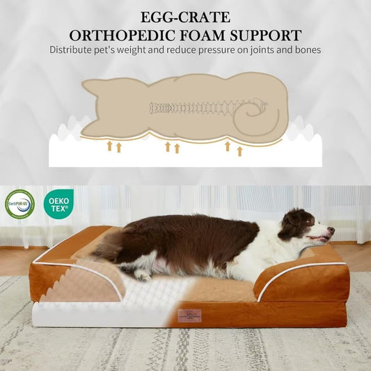 Comfort Expression XL Orthopedic Dog Beds, Waterproof Extra Large Dog Beds with Bolster, Washable Pet Sofa Couch with Removable Cover & Non-Slip Bottom(X-Large,Caramel)